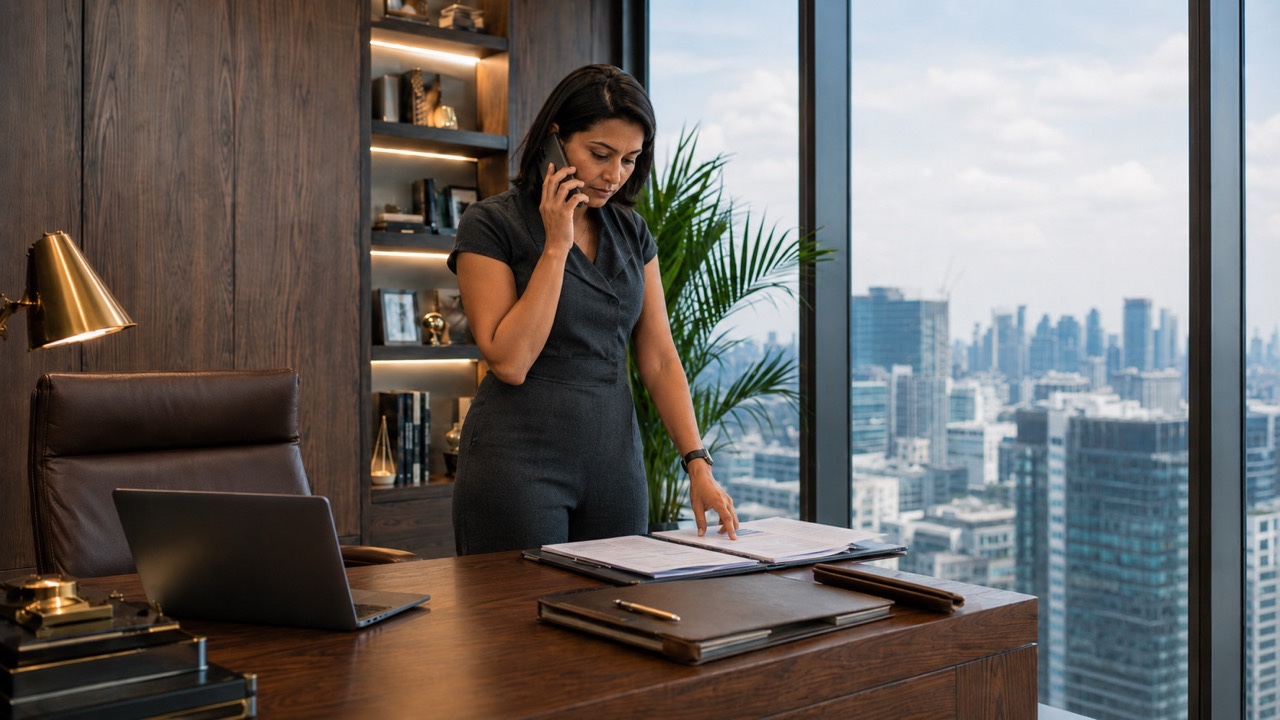 Indian Business Executive Signing Financial Reports in Modern Office | Royalty-Free image | Pixlaris