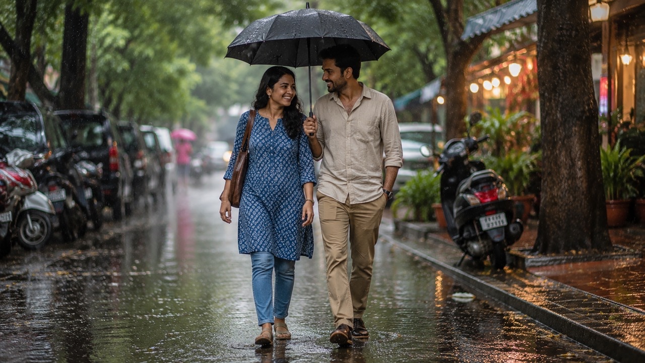 Happy Couple Walking Together in Rain Under Umbrella | Royalty-Free image | Pixlaris