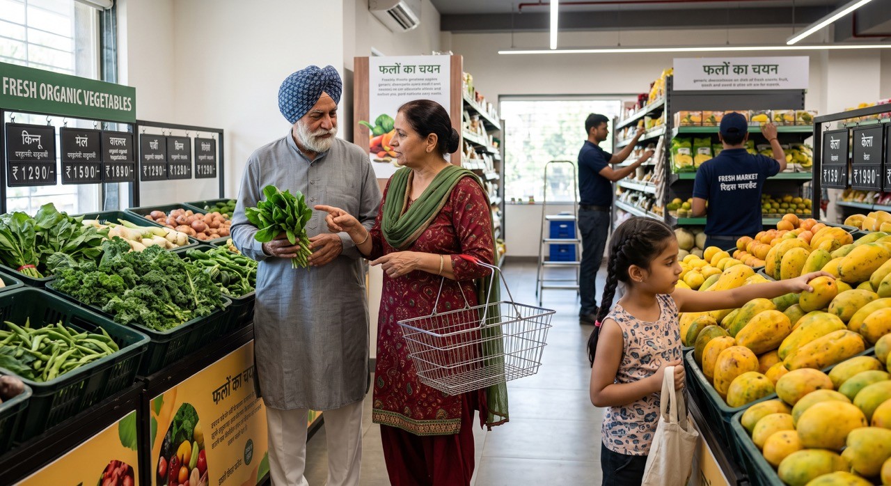 Indian Family Shopping for Organic Fruits and Vegetables in Fresh Market