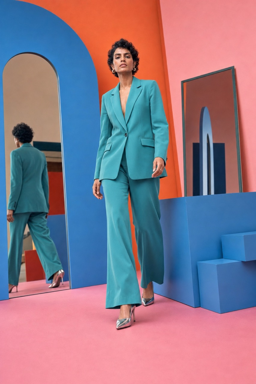 Indian Woman in Turquoise Suit Walking in Color Block Studio | Royalty-Free image | Pixlaris