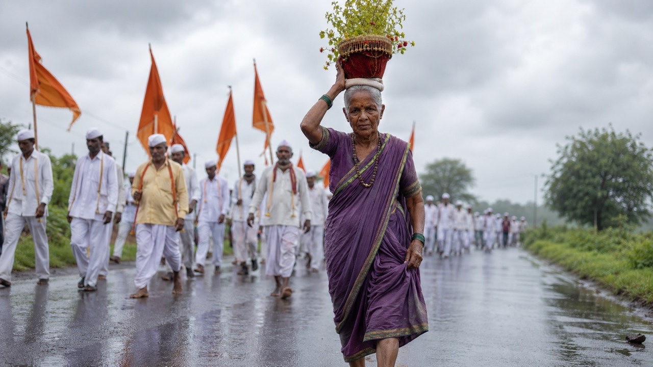 Elderly Woman Carrying Tulsi Pot During Ashadhi Wari | Royalty-Free image | Pixlaris