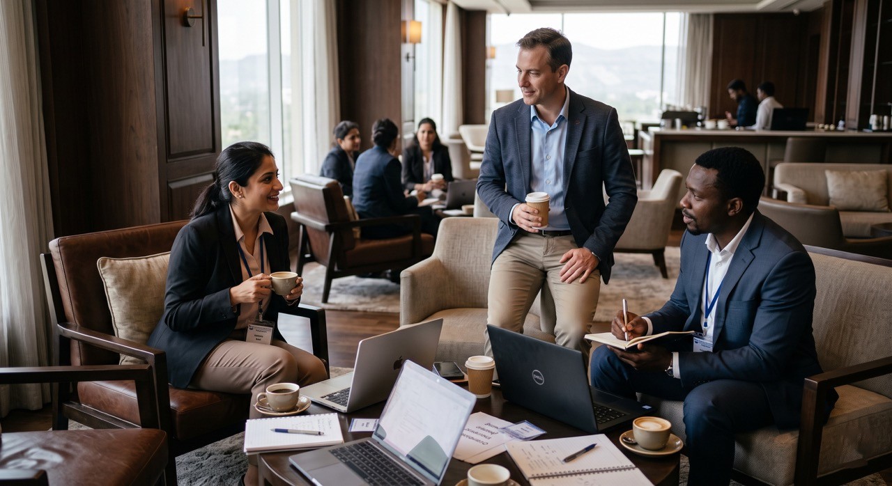 International Business Team Meeting in Luxury Hotel Lounge