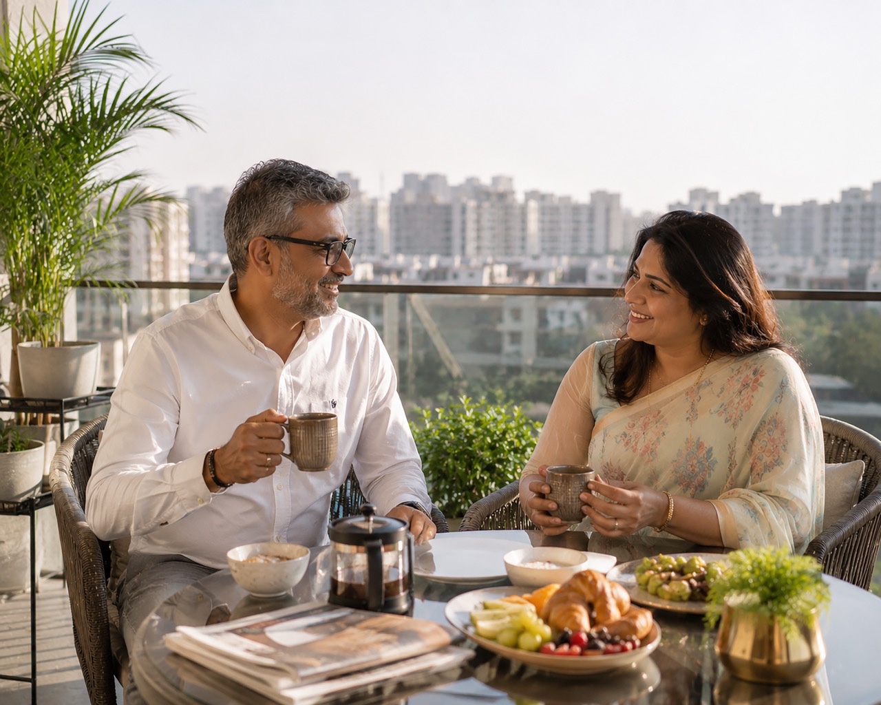 Mature Indian Couple Enjoying Morning Coffee and Breakfast on Apartment Balcony with City Skyline  Large