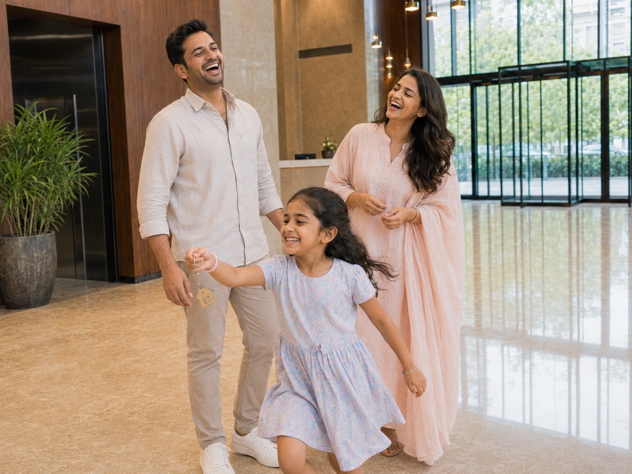 Joyful Indian Family Celebrating New Home Keys in Apartment Lobby | Royalty-Free image | Pixlaris
