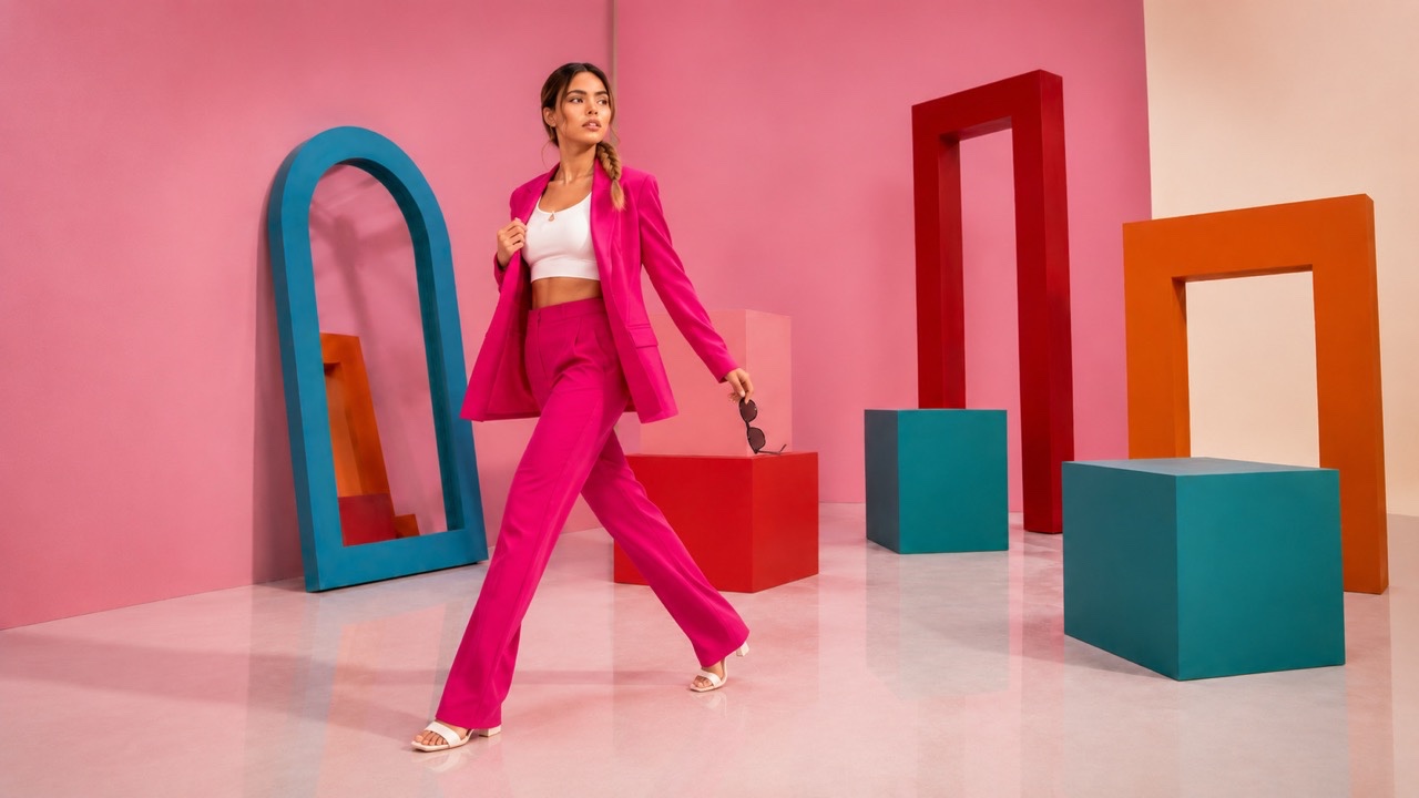 Model in Vibrant Pink Suit Holding Sunglasses | Royalty-Free image | Pixlaris
