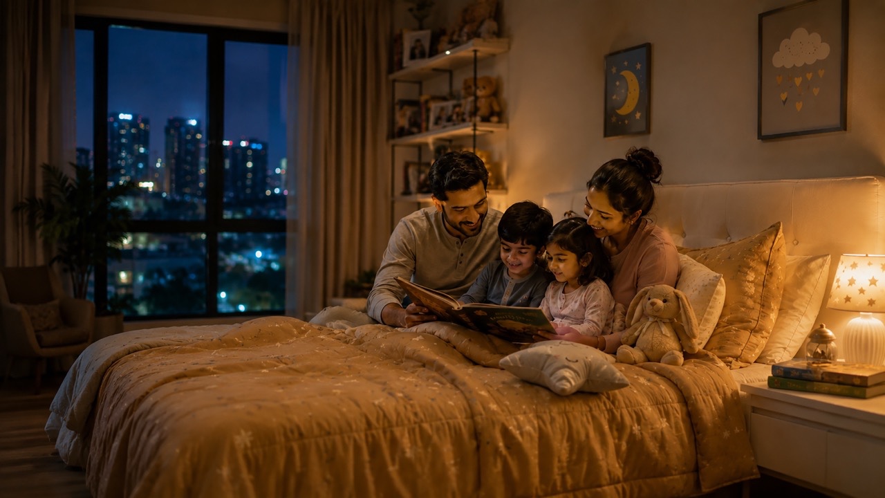 Indian Family Reading Bedtime Story Together with Children in Cozy Bedroom at Night Large