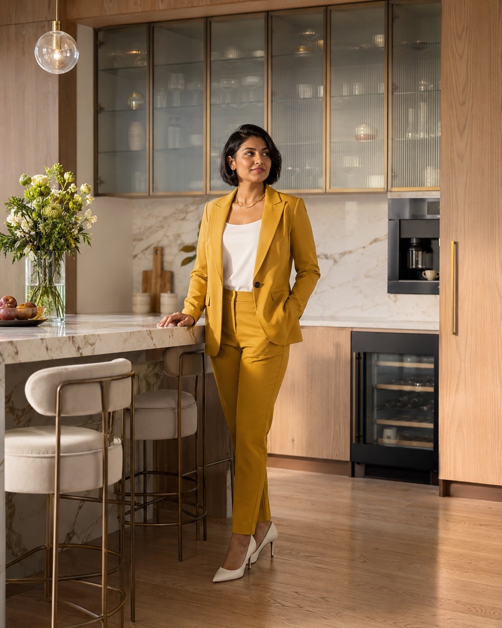 Professional Indian Woman Standing in Designer Luxury Kitchen | Royalty-Free image | Pixlaris