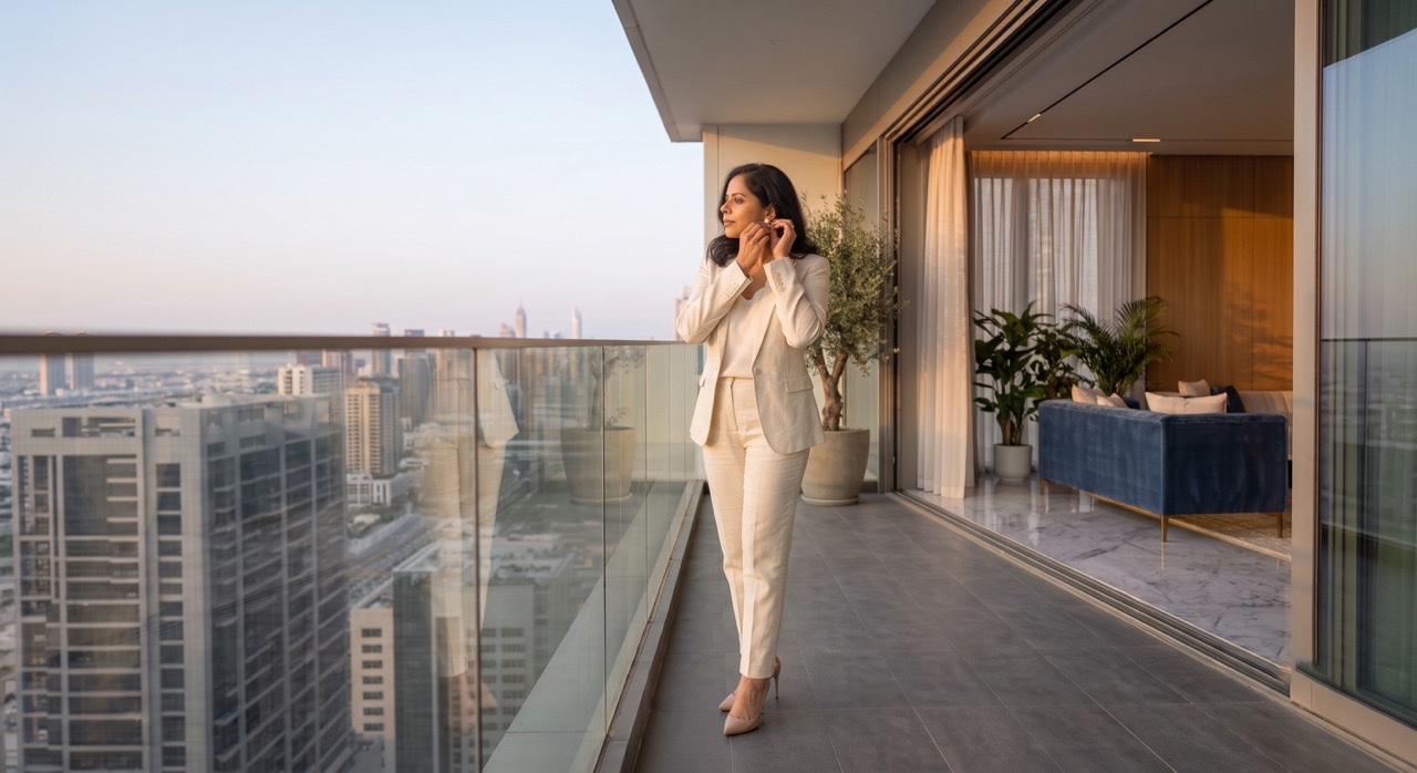 Indian Woman Adjusting Earrings on Balcony of Luxury High-Rise Apartment | Royalty-Free image | Pixlaris