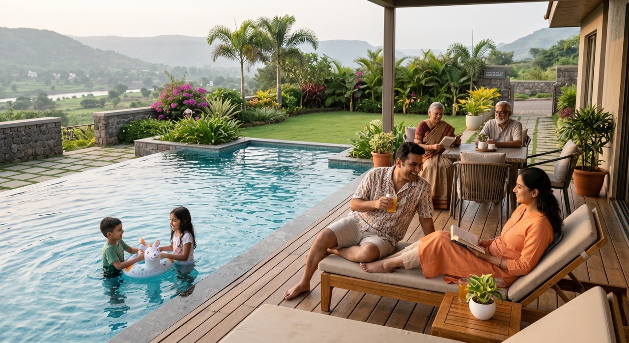 Luxury Family Enjoying Private Villa Poolside Vacation