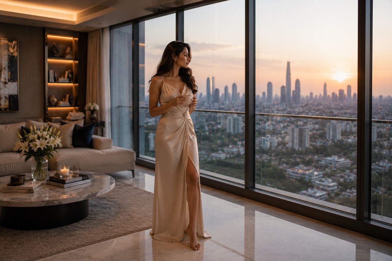 Elegant Woman Standing on Balcony With Coffee at Sunset | Royalty-Free image | Pixlaris