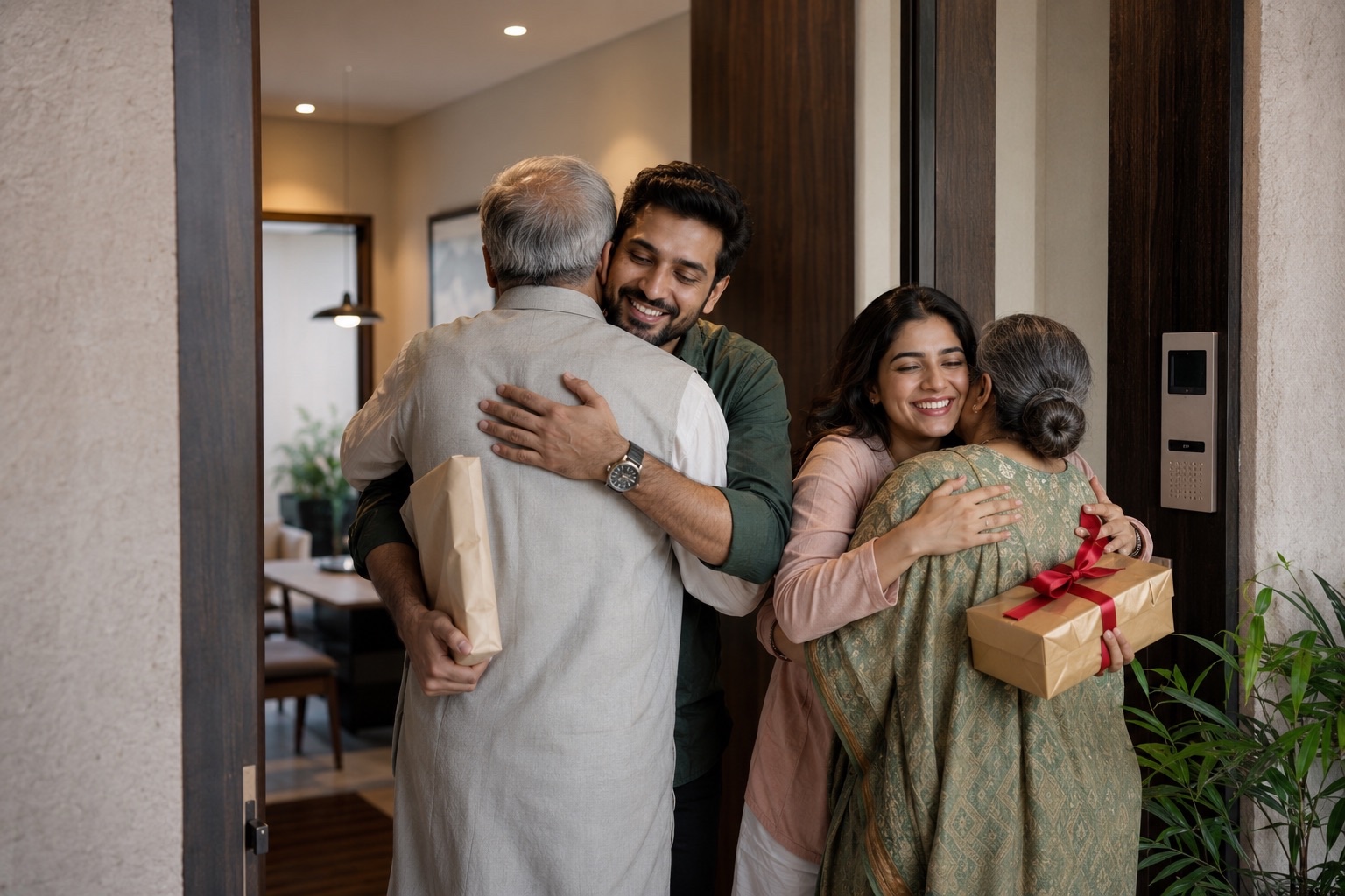 Happy Indian Family Welcoming Parents with Warm Hugs at Apartment Entrance
