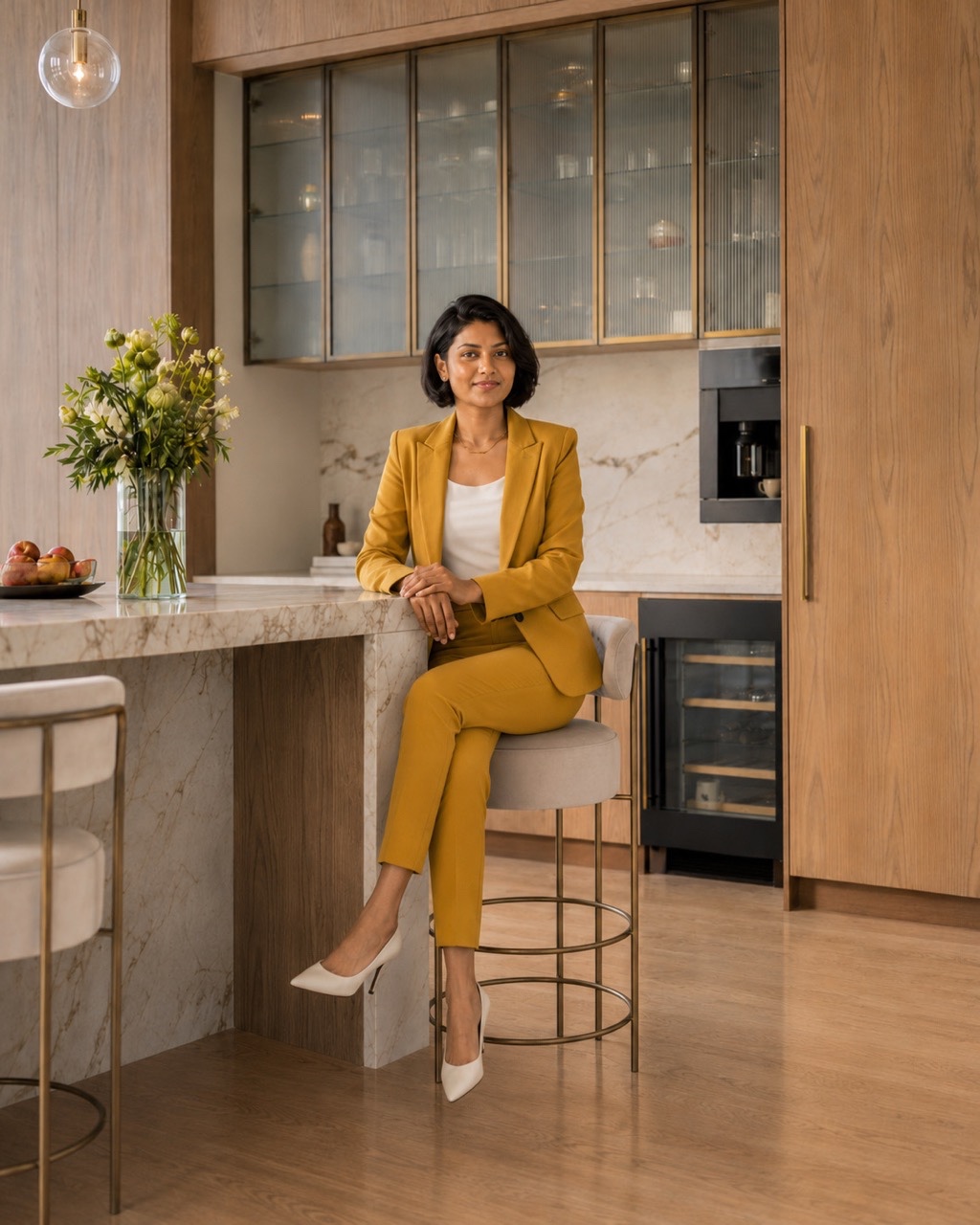 Businesswoman Sitting on Kitchen Island Stool in Mustard Pantsuit | Royalty-Free image | Pixlaris