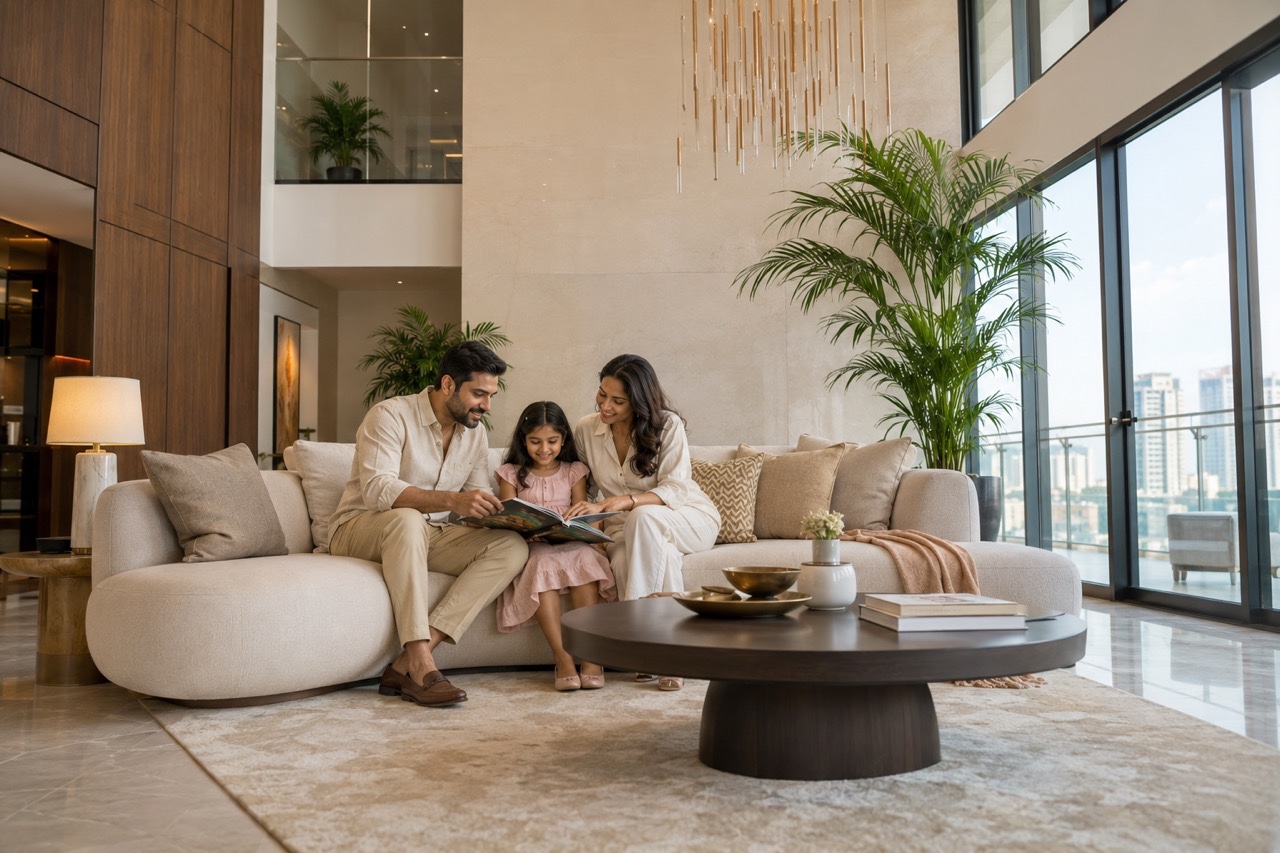 Parents Reading With Daughter in Luxury High Rise Living Room | Royalty-Free image | Pixlaris