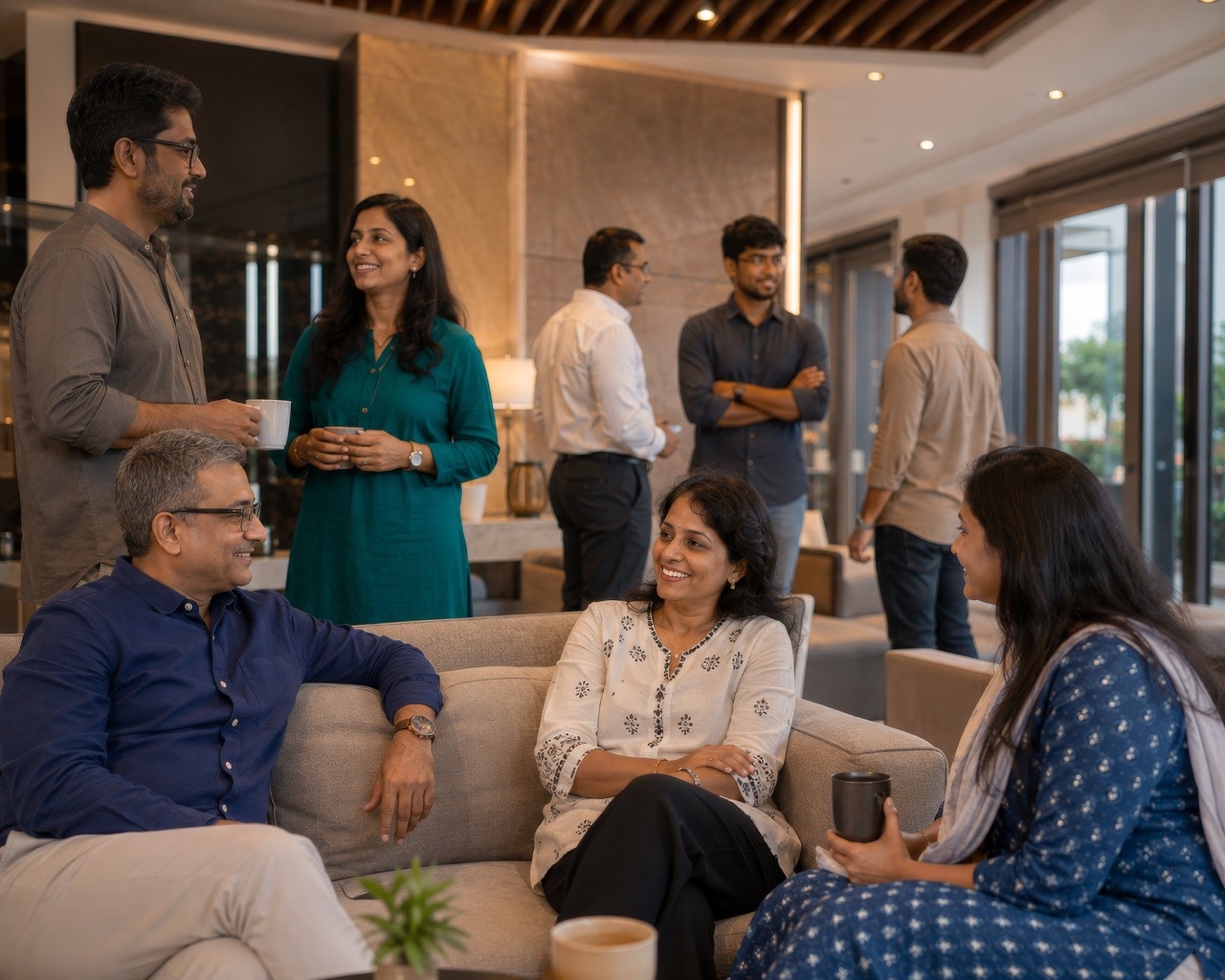 Indian Residents Socializing in Luxury Apartment Clubhouse Lounge with Coffee and Conversations  Large