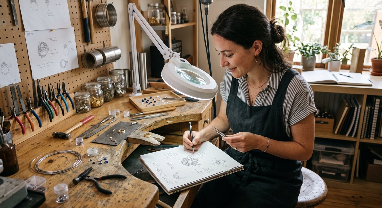 Jewelry Designer Sketching Custom Ring Design in Workshop