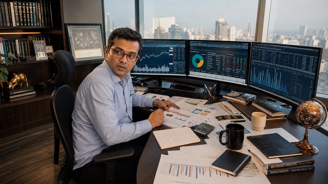 Indian Financial Analyst Monitoring Stock Market Data on Multiple Screens in Corporate Office Large