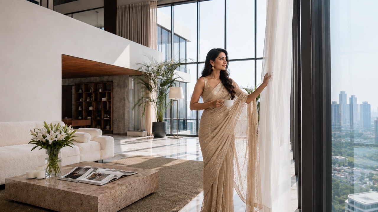 Elegant Woman Lighting Candle Beside Lilies in Luxury Living Room | Royalty-Free image | Pixlaris