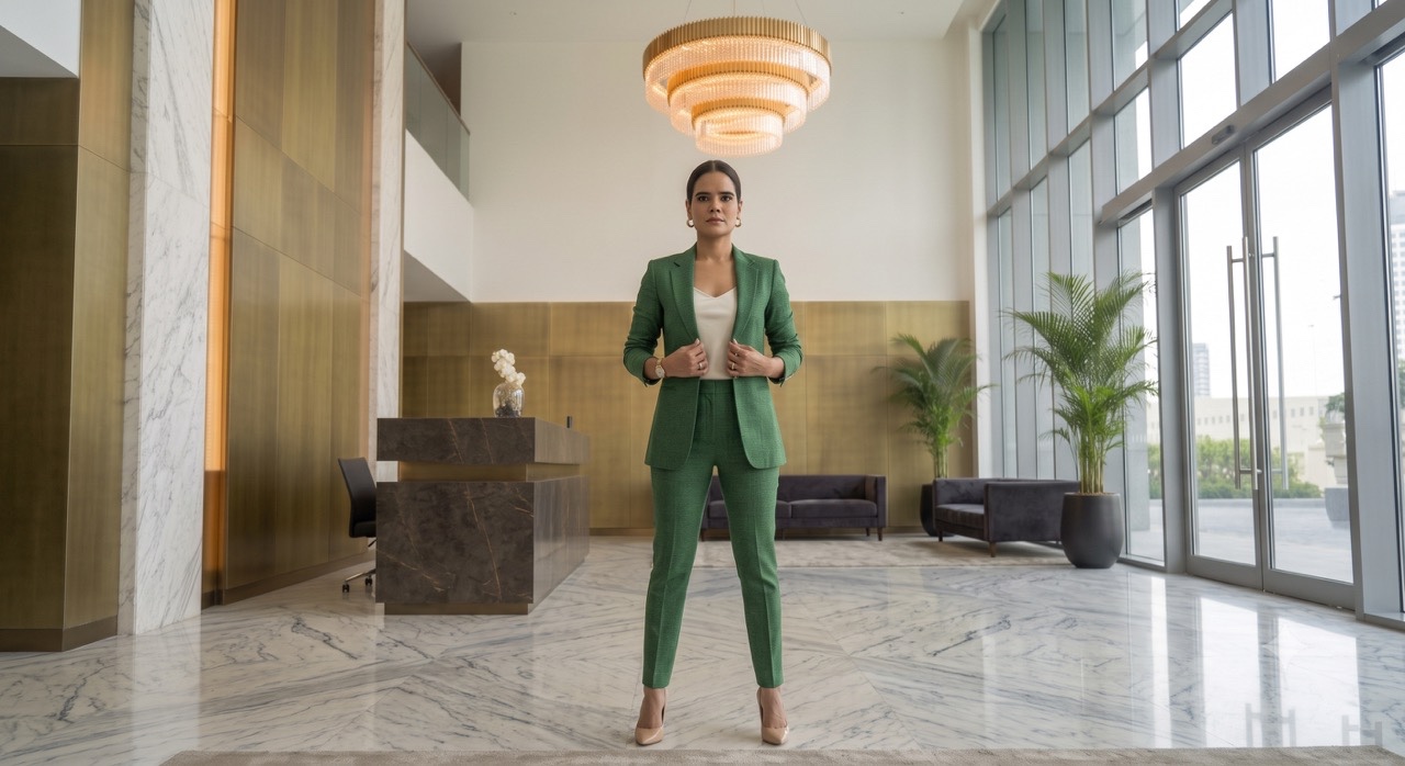 Professional Woman Adjusting Blazer in Office Lobby | Royalty-Free image | Pixlaris