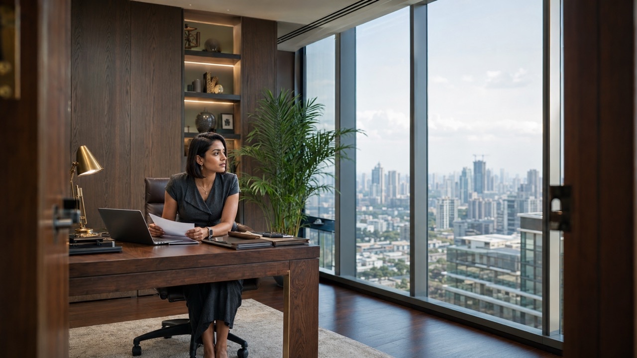 Indian Businesswoman Reviewing Reports on Phone in Luxury Office | Royalty-Free image | Pixlaris