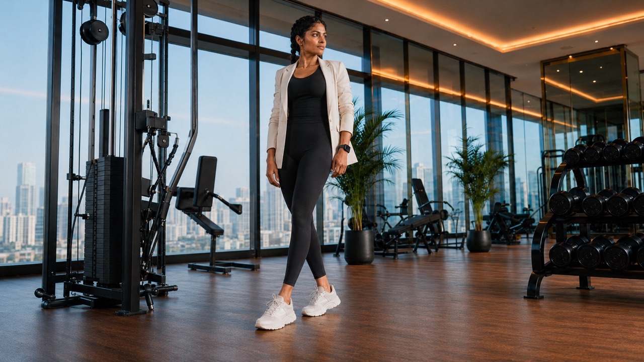 Luxury Fitness Woman Low Angle Confident Pose in Premium Gym | Royalty-Free image | Pixlaris
