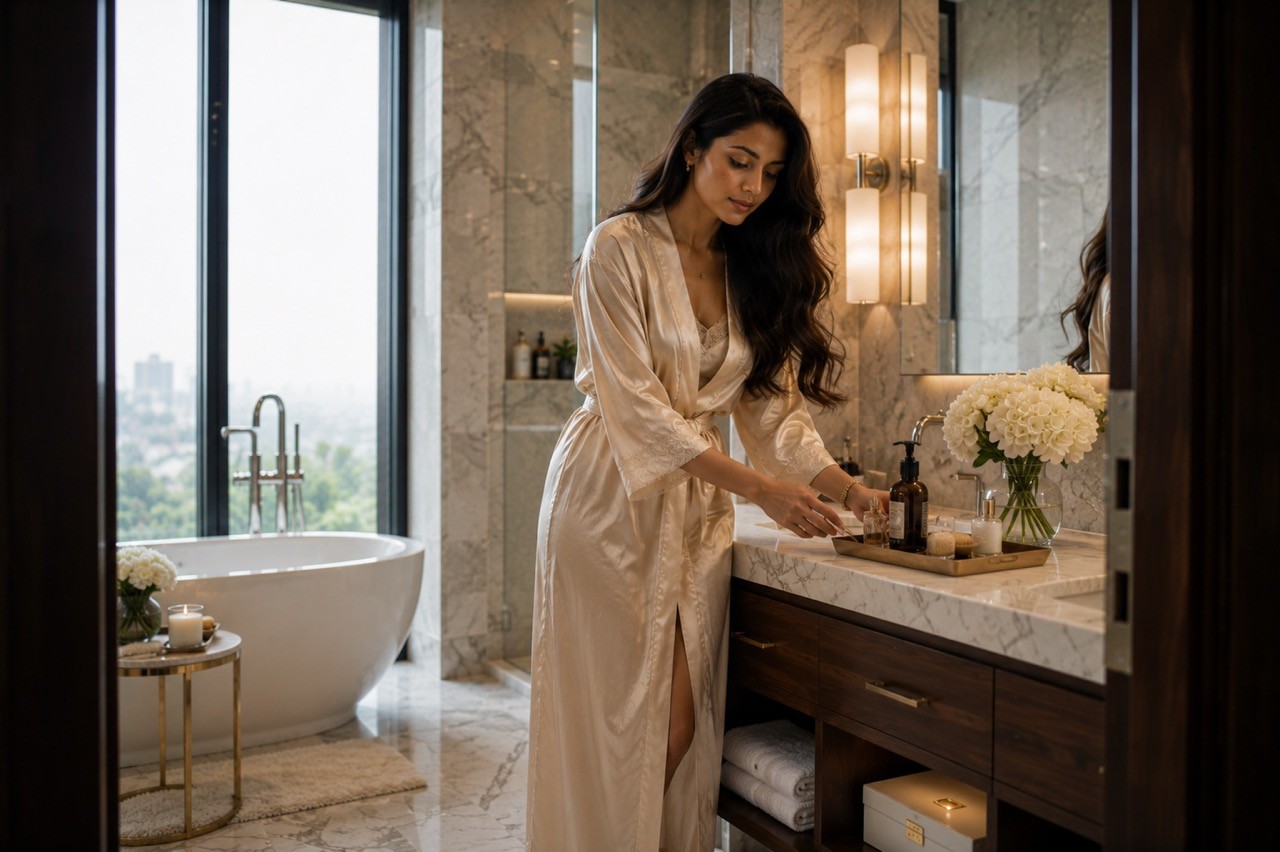 Elegant Woman Arranging Luxury Bath Essentials in Marble Bathroom