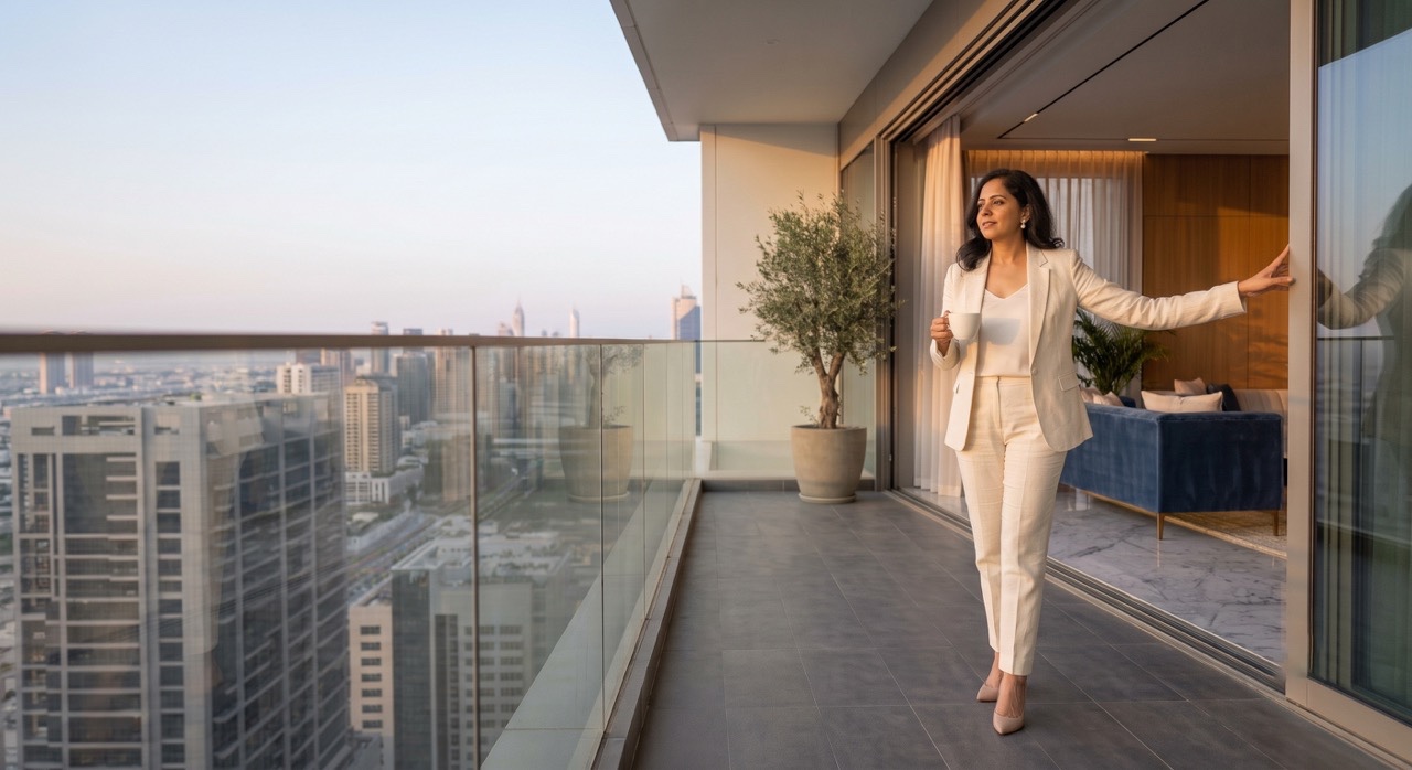 Successful Indian Woman Holding Coffee Outside Luxury Apartment with Skyline View | Royalty-Free image | Pixlaris