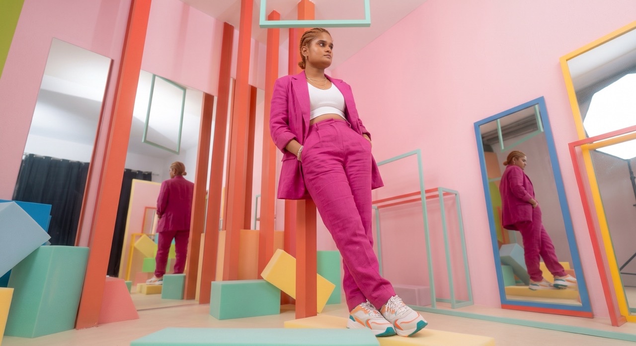 Editorial Fashion Portrait with Pink Suit and Mirrors | Royalty-Free image | Pixlaris