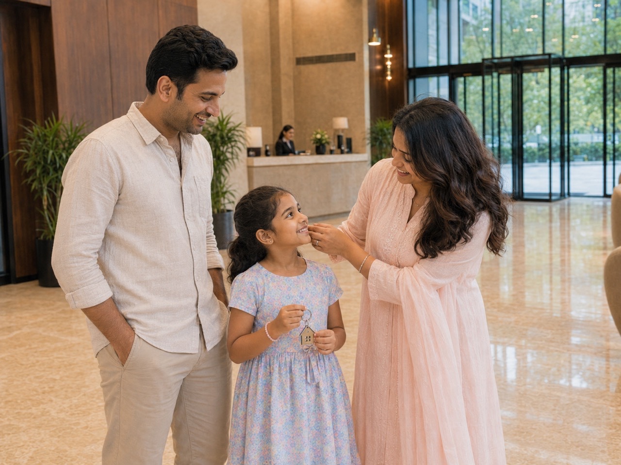Indian Parents Sharing House Keys With Daughter in Premium Lobby | Royalty-Free image | Pixlaris