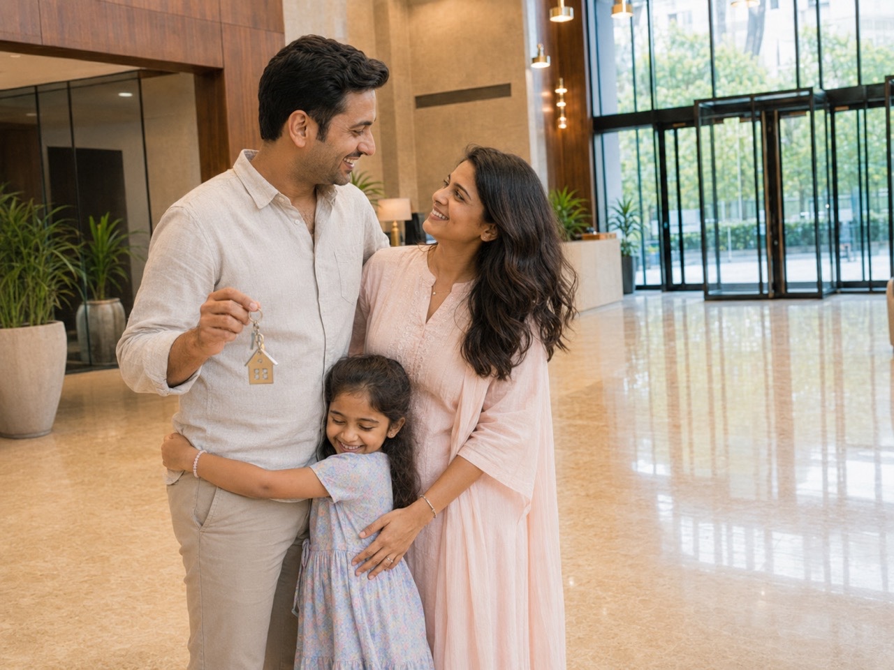 Indian Couple Holding New Home Keys With Daughter Hugging | Royalty-Free image | Pixlaris
