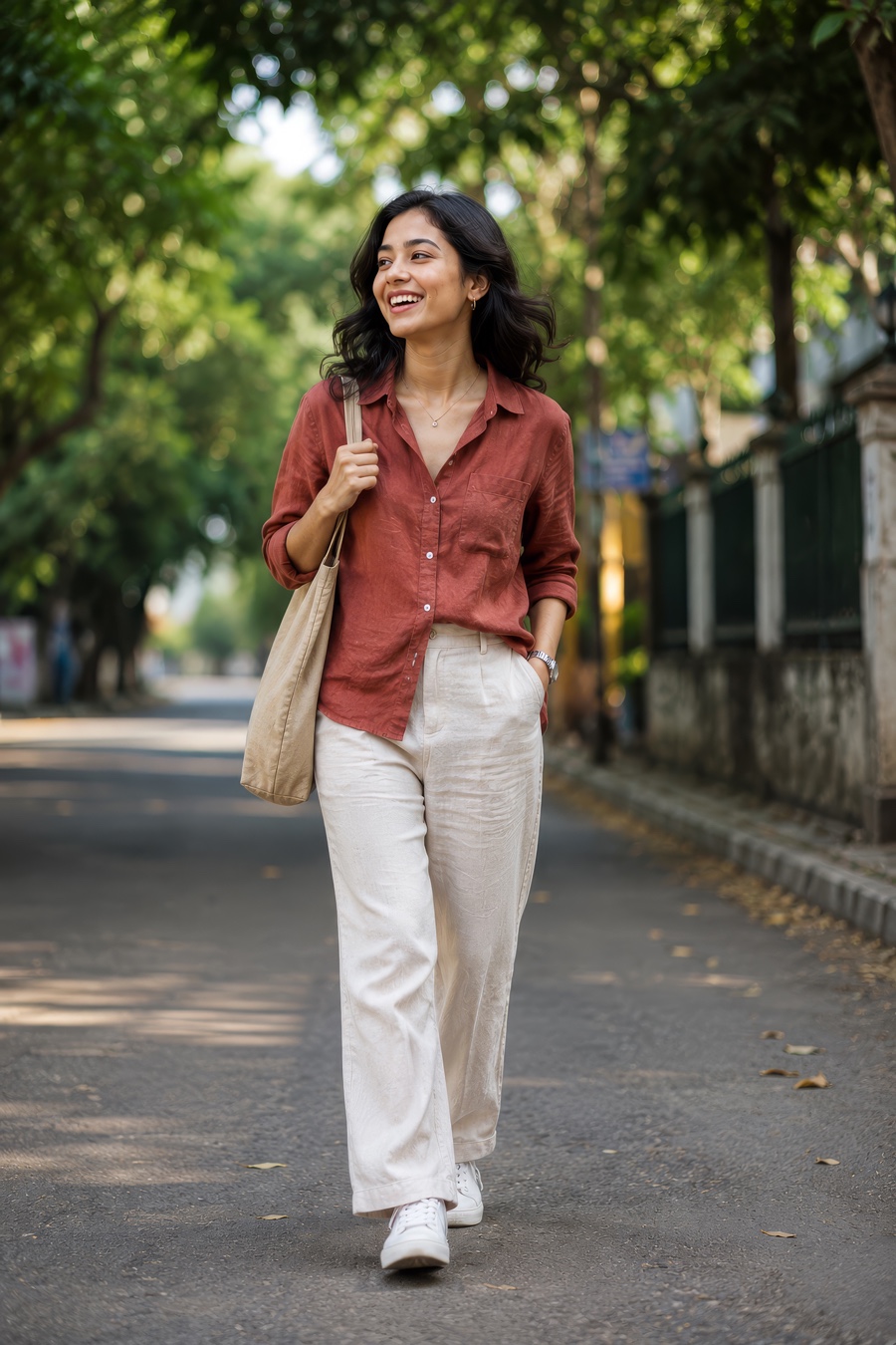 Happy Young Woman Walking Along a Tree-Lined City Street