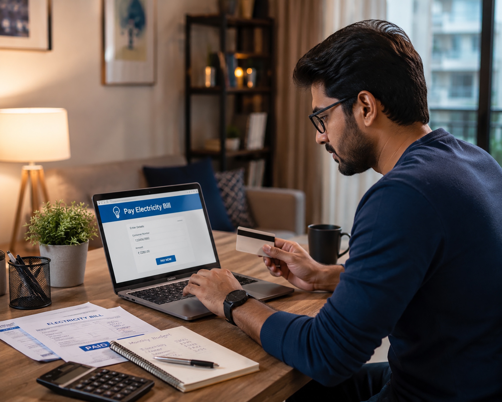 Indian Man Paying Electricity Bill Online Using Laptop and Credit Card at Home 
