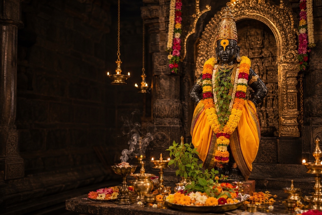 Wide Temple View of Lord Vitthal Idol with Sacred Offerings | Royalty-Free image | Pixlaris