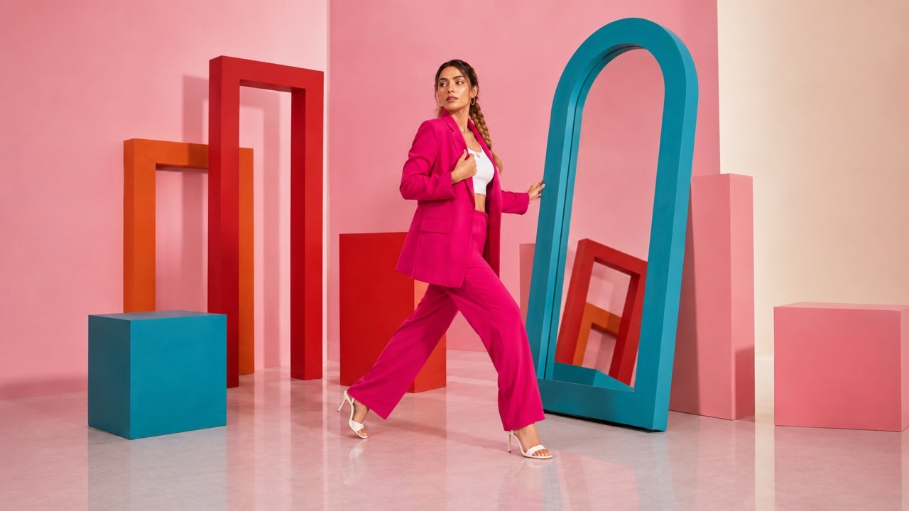Elegant Model Walking Past Teal Arch Mirror | Royalty-Free image | Pixlaris