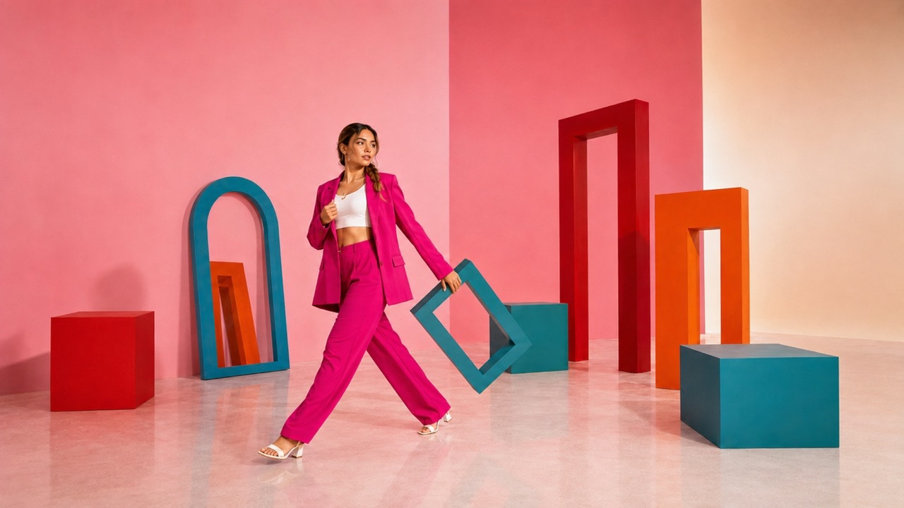 Fashion Model Interacting with Orange Frame | Royalty-Free image | Pixlaris