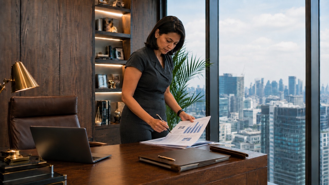 Indian Businesswoman Reviewing Documents in Luxury Executive Office | Royalty-Free image | Pixlaris