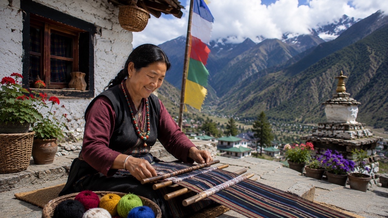 Himalayan Woman Weaving Traditional Textile in Scenic Mountain Village