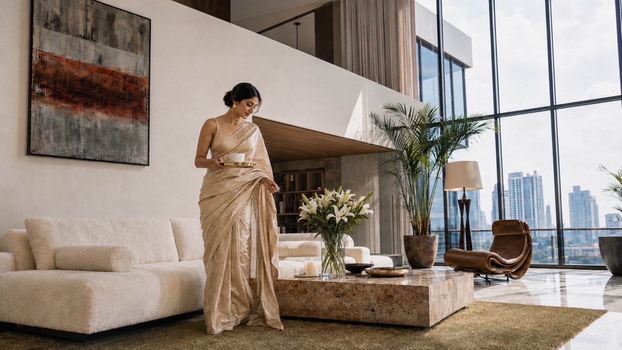Elegant Woman Reviewing Design Book in Luxury Living Room | Royalty-Free image | Pixlaris
