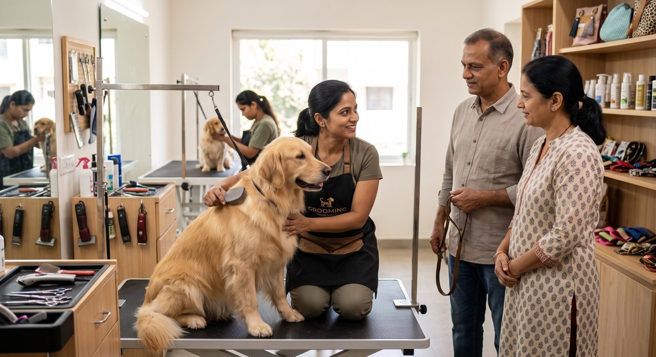 Indian Couple at Pet Grooming Salon with Golden Retriever