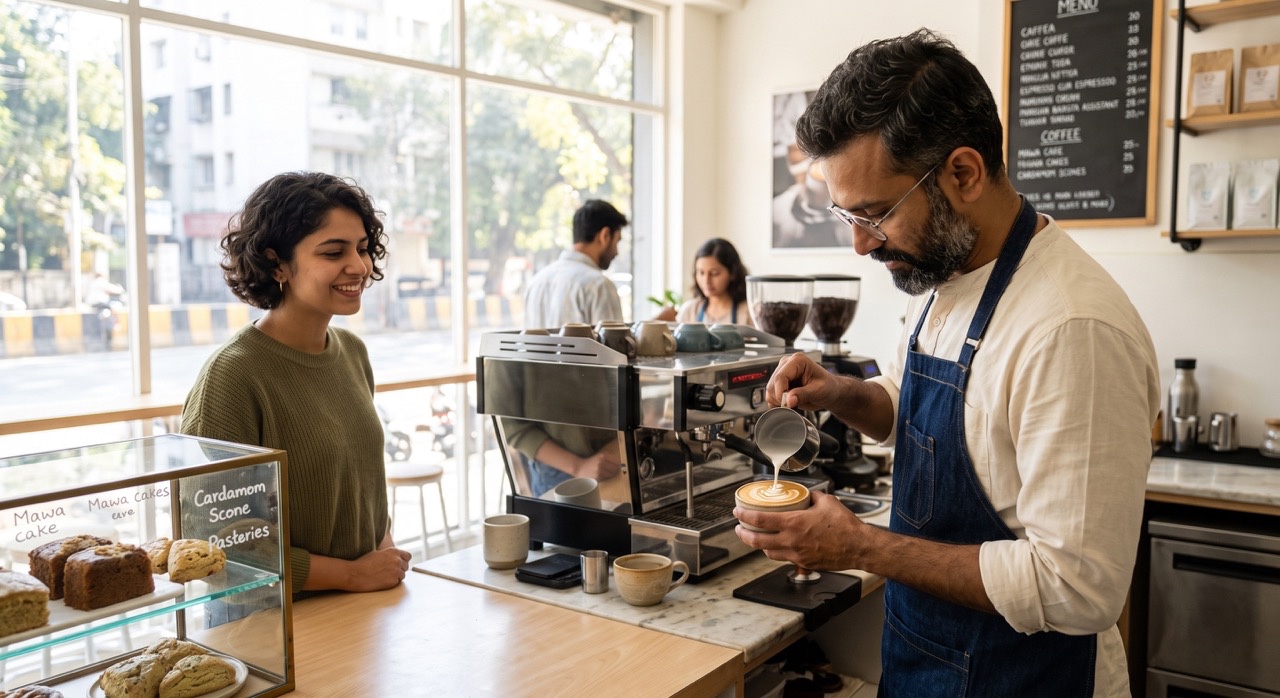 Indian Barista Preparing Latte Art for Customer in Specialty Coffee Shop Large