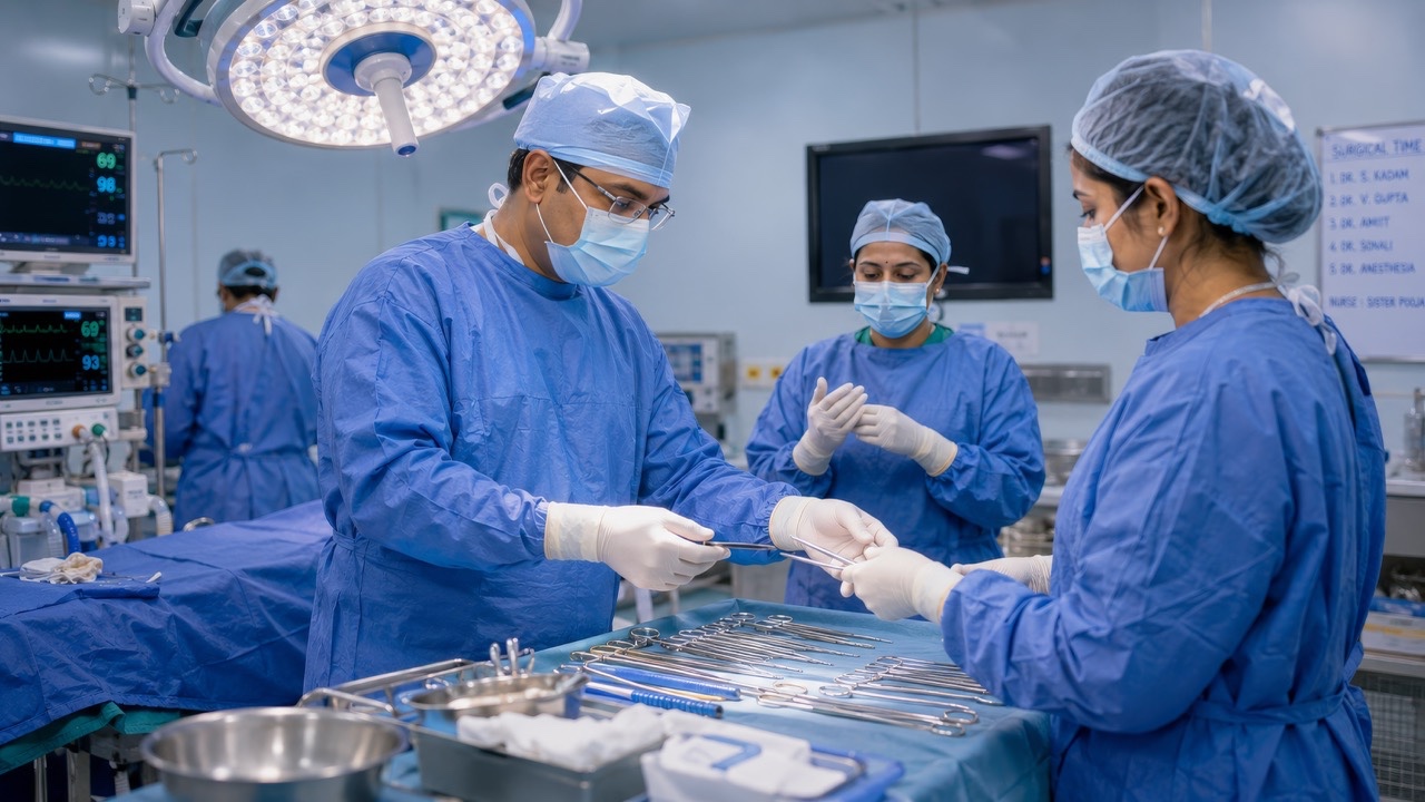 Indian Surgical Team Preparing for Operation in Modern Hospital Operating Room Large