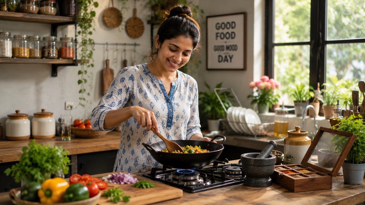 Young Indian Woman Cooking Healthy Meal in Modern Home Kitchen