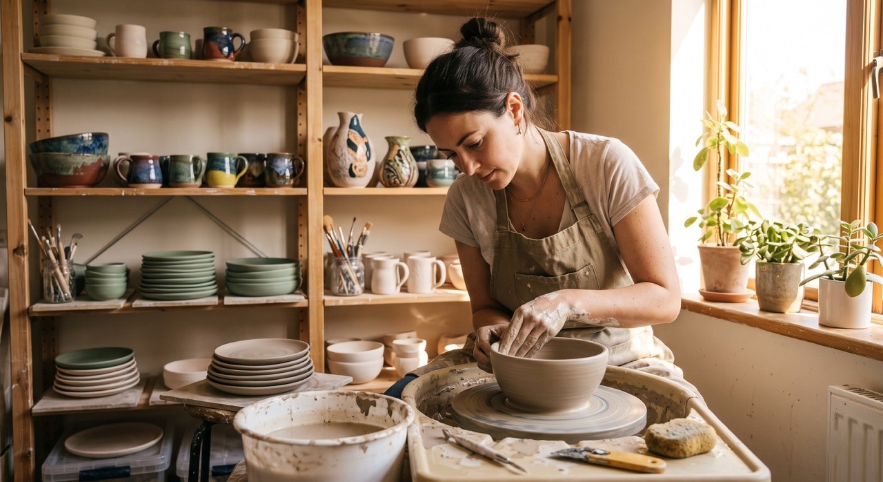Female Ceramic Artist Handcrafting Pottery Bowl On Pottery Wheel In Artisan Studio Large