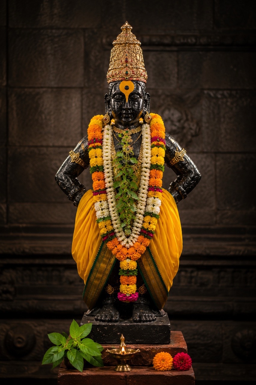 Full Length Lord Vitthal Idol with Floral Garlands in Temple | Royalty-Free image | Pixlaris