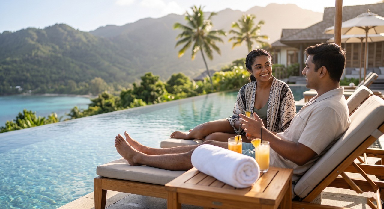 Indian Couple Relaxing by Infinity Pool at Luxury Mountain Resort