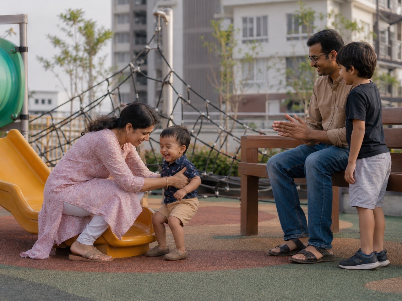 Mother Playing With Toddler Near Playground Slide | Royalty-Free image | Pixlaris