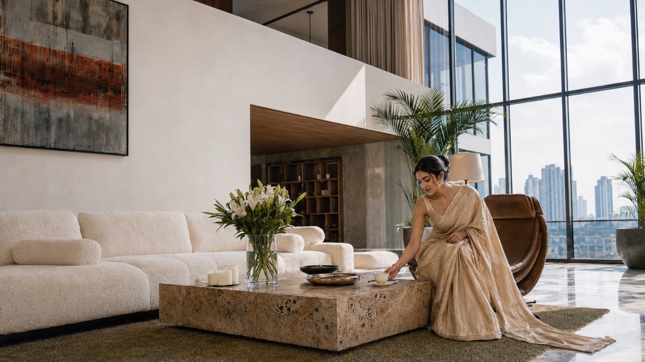 Elegant Woman Sitting Near Marble Table in Luxury Living Room | Royalty-Free image | Pixlaris