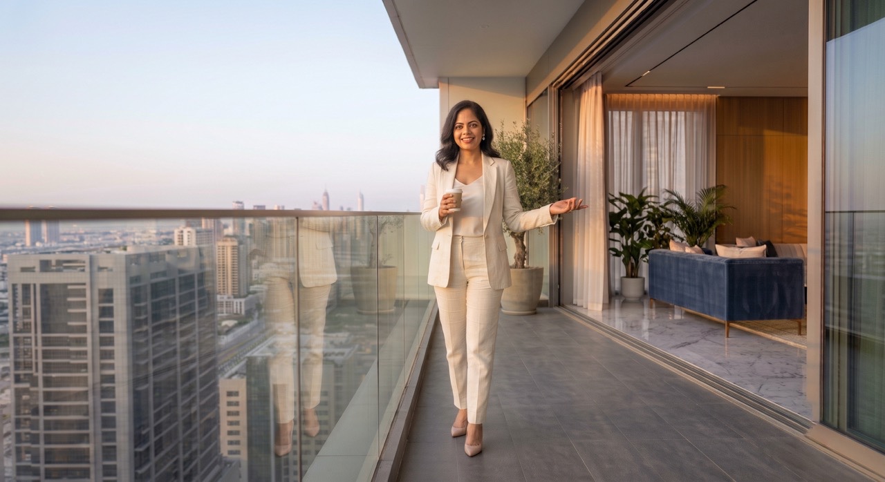 Smiling Indian Businesswoman Presenting Luxury Apartment Lifestyle | Royalty-Free image | Pixlaris