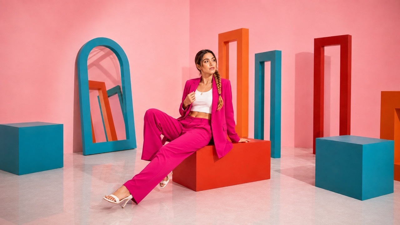 Fashion Model Lounging on Red Studio Blocks | Royalty-Free image | Pixlaris