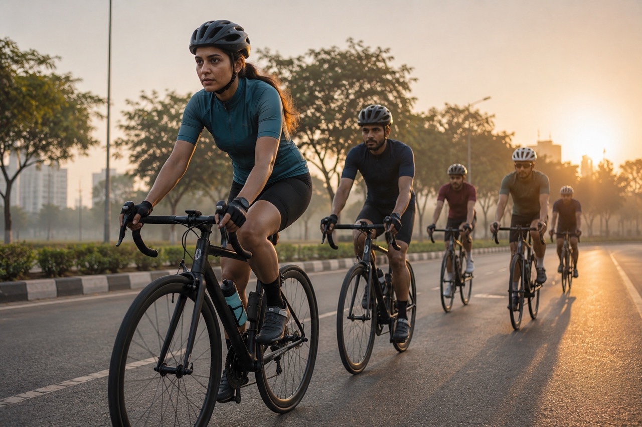 Group of Cyclists Riding Through City at Sunrise | Royalty-Free image | Pixlaris
