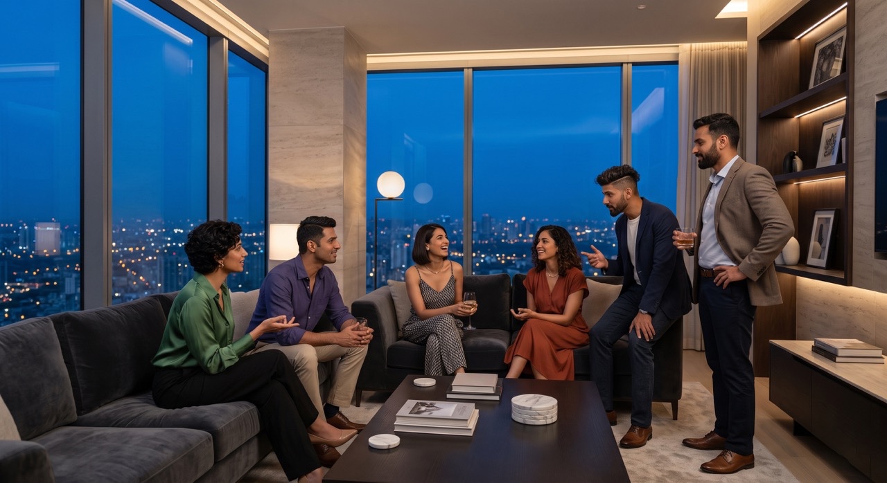 Young Indian Professionals Socializing at Luxury Apartment Evening Gathering Large